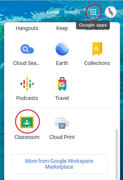 Google Classroom  guide- find Google Classroom from the Google Apps menu