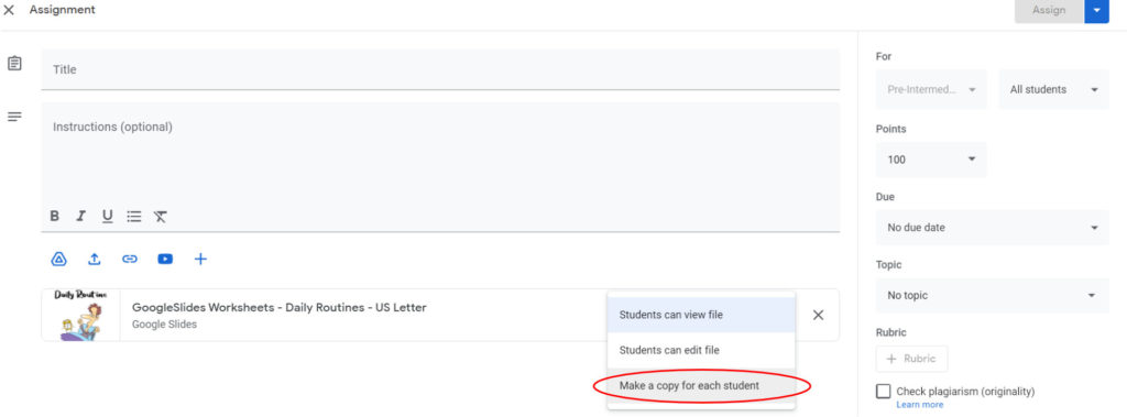 Google Classroom guide - make a copy of an assignment for each student