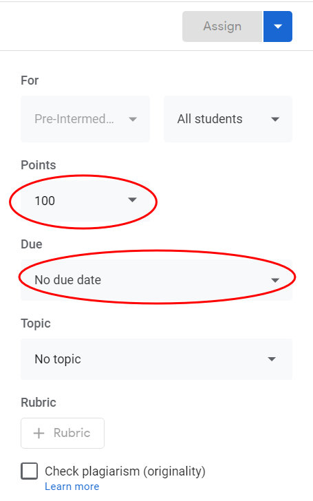 Google Classroom quick start guide - post an assignment - set points and a due date