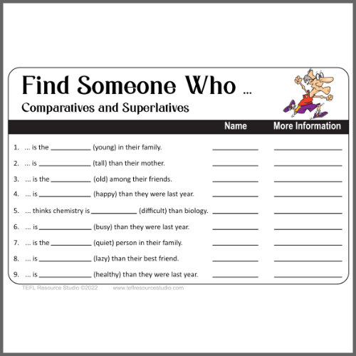 Find someone who ... comparatives and superlatives ESL speaking activity