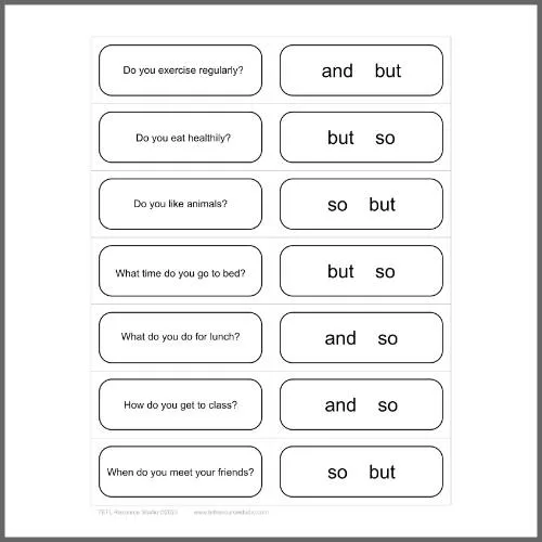 Conjunctions Class Mingle Speaking Activity - Double Sided Cards