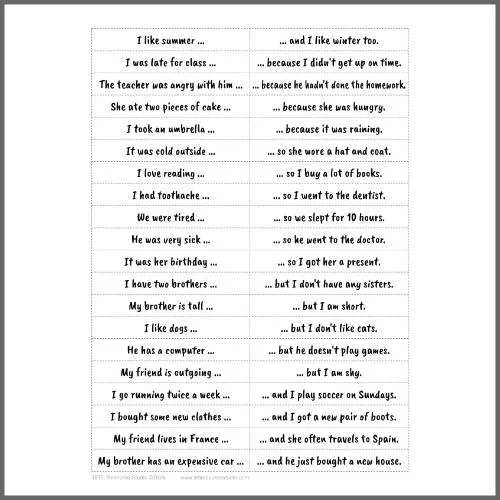 Conjunctions And, But, So, Because Sentence Matching Activity