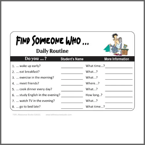 Find Someone Who ... Daily Routine - ESL Class Mingle Speaking Activity