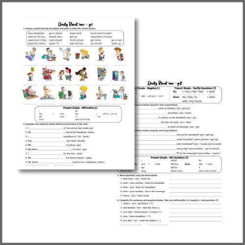 Daily Routines Present Simple Tense 2 page Worksheet