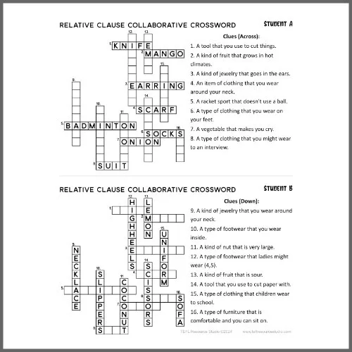 Defining Relative Clauses Collaborative Crossword ESL Pair Speaking Activity