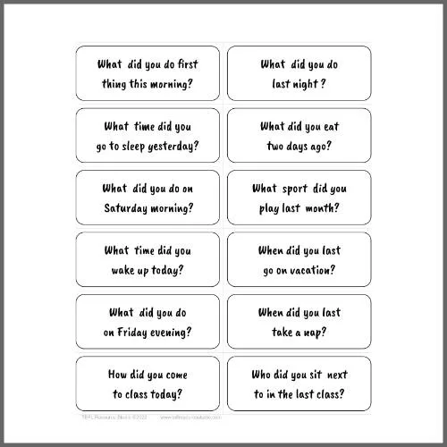 ESL Simple Past Question Cards Group Speaking Activity