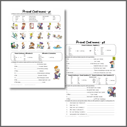 Present Continuous Tense 2 Page ESL Worksheet