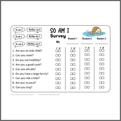 So Am I So Do I Survey - So and Neither Class Mingle Speaking Activity