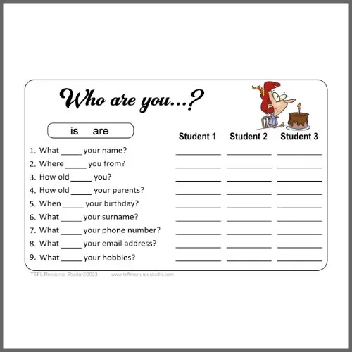 Verb Be - Is Are ESL Class Mingle Speaking Activity