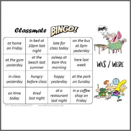 Was Were Classmate Bingo ESL Class Mingle Speaking Activity