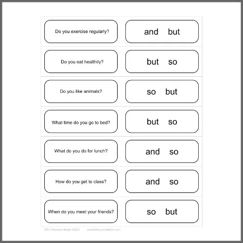 Conjunctions And But So ESL Class Mingle Speaking Activity