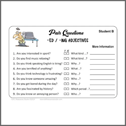 ed ing adjective pair questions participle adjectives ESL speaking activity