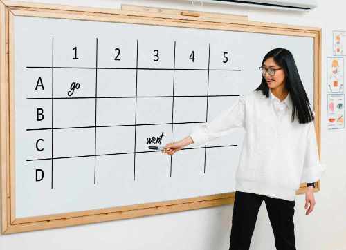 Teacher with concentration board drawn on whiteboard.