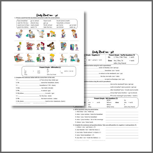 Daily Routines 2 Page ESL Worksheet for Practicing the Present Simple Tense